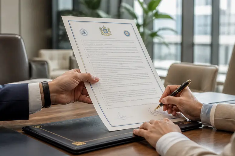 Mains signant un accord financier important dans un bureau moderne, symbolisant un partenariat.