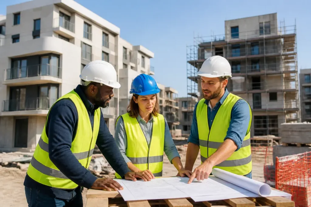 Des ouvriers échangent autour d'un plan sur un chantier, évoquant le comité interprofessionnel du logement.