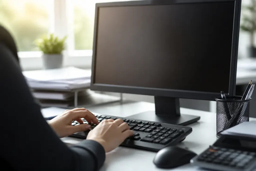 Spécialiste RH vérifiant un contrat intérim 35h dans un bureau, gestion des heures travaillées.