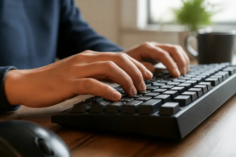 Mains d'un professionnel utilisant un convertisseur texte LinkedIn pour formoter une publication