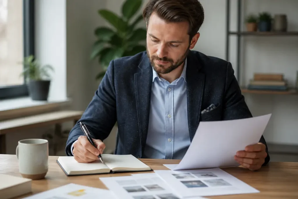 Professionnel planifiant ses publications avec un convertisseur texte LinkedIn sur un bureau lumineux