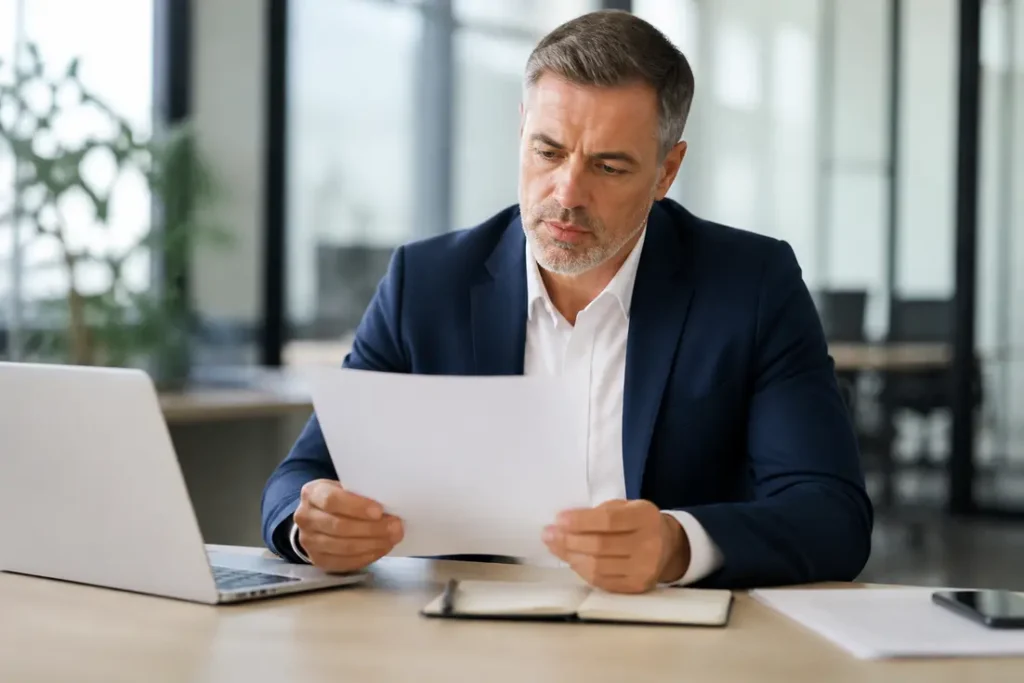 Un homme réfléchit à un document, symbolisant les démarches administratives liées à un mail en copie cachée.