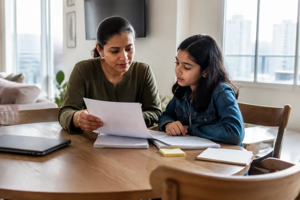Un parent et son enfant lisent des documents pour Cybercollege se connecter utiliser sur une table en bois