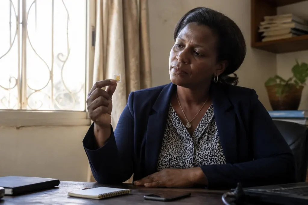 Femme sénégalaise essayant de débloquer carte sim sans code puk, tenant le composant.