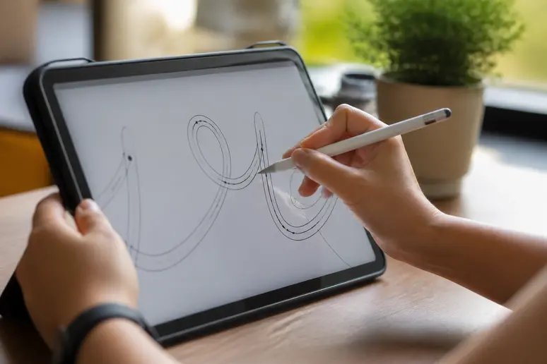 Mains utilisant un stylet pour séparer manuellement des lettres cursives connectées dans une interface logicielle.