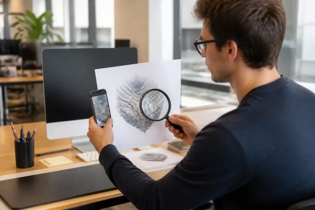 Détecter la police d'une image : un designer analyse un logo complexe au bureau.