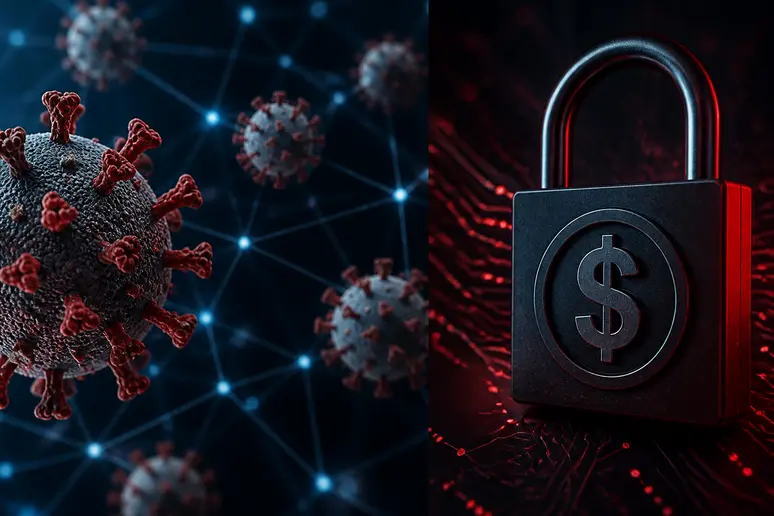 Représentation visuelle divisée montrant la propagation d'un virus et le symbole du rançongiciel.
