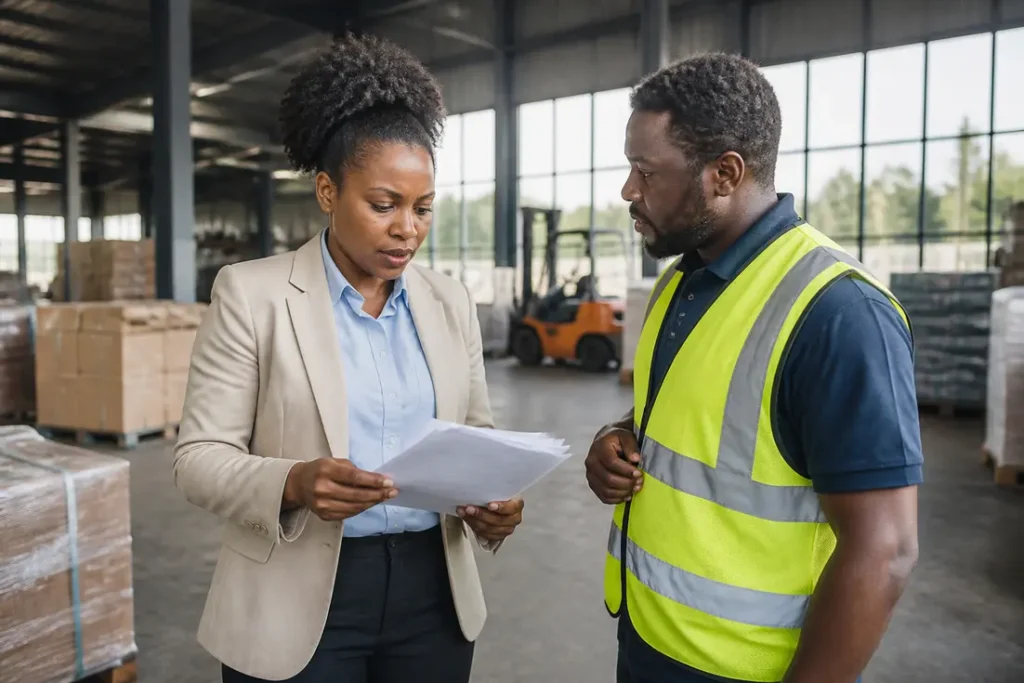 Un gestionnaire multi-sites en discussion avec un chef d'équipe dans un entrepôt, illustrant le métier District Programme Manager.