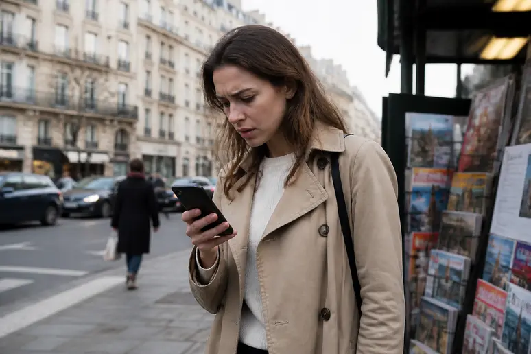 Une jeune femme consulte son smartphone, préoccupée par les changements d'adresse de domgrav.