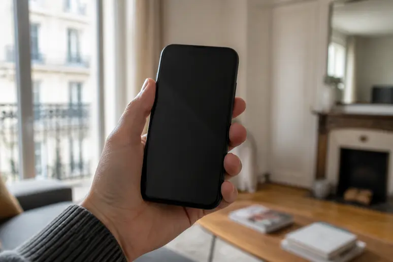 Mains tenant un smartphone affichant un avertissement de sécurité, signalant les risques de domgrav.