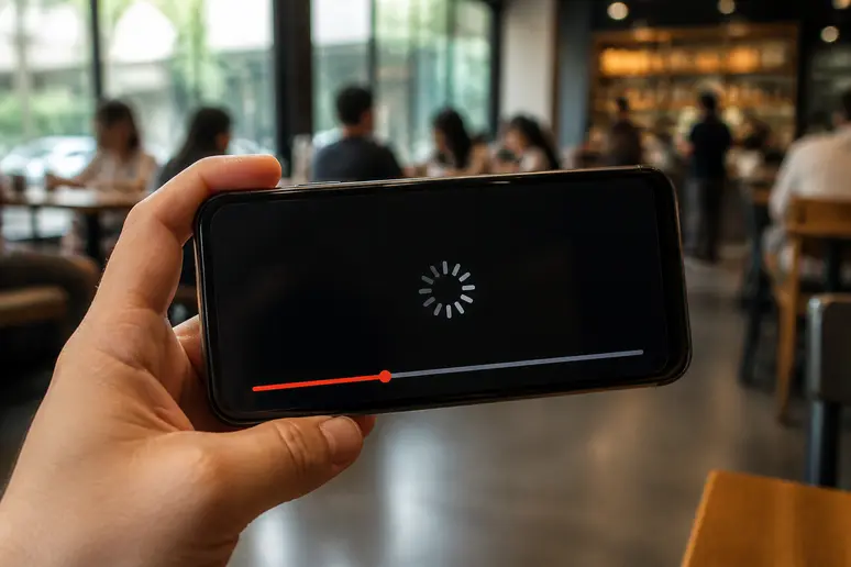 Écran de smartphone montrant une vidéo en cours de chargement, barre de progression bloquée.