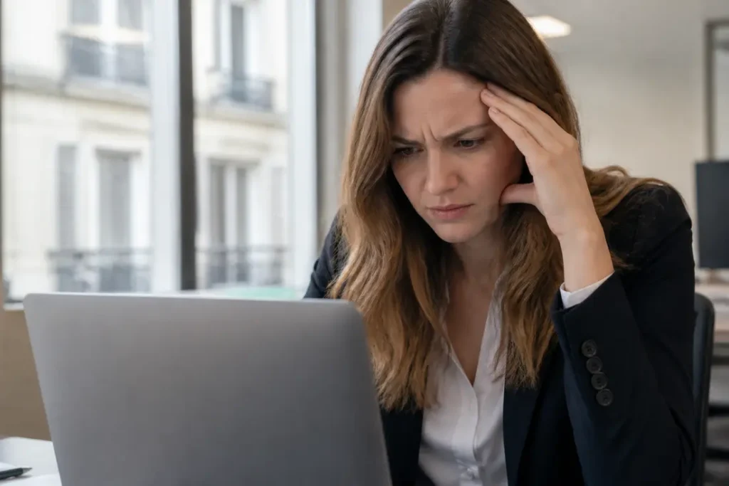 Femme frustrée face à une erreur de lecture vidéo sur son ordinateur portable, le réseau doodstream est en cause.