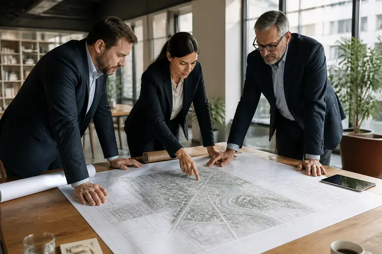 Ingénieurs consultant des plans d'architecture et de génie civil sur une table de travail