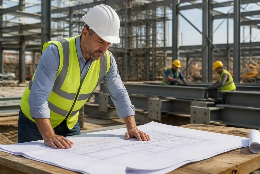 Ingénieur en gilet de sécurité consultant des plans sur un chantier géré par Engineering Consultants Group