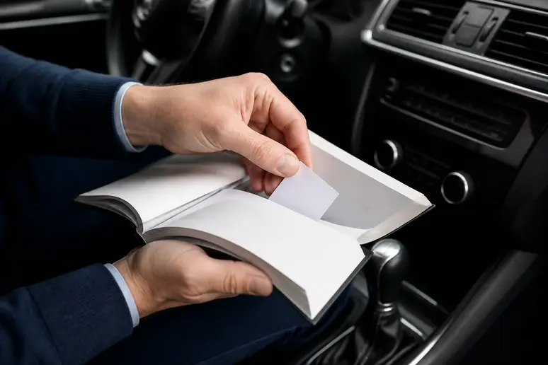 Main d'homme rangeant un code autoradio Renault gratuit dans un carnet d'entretien.