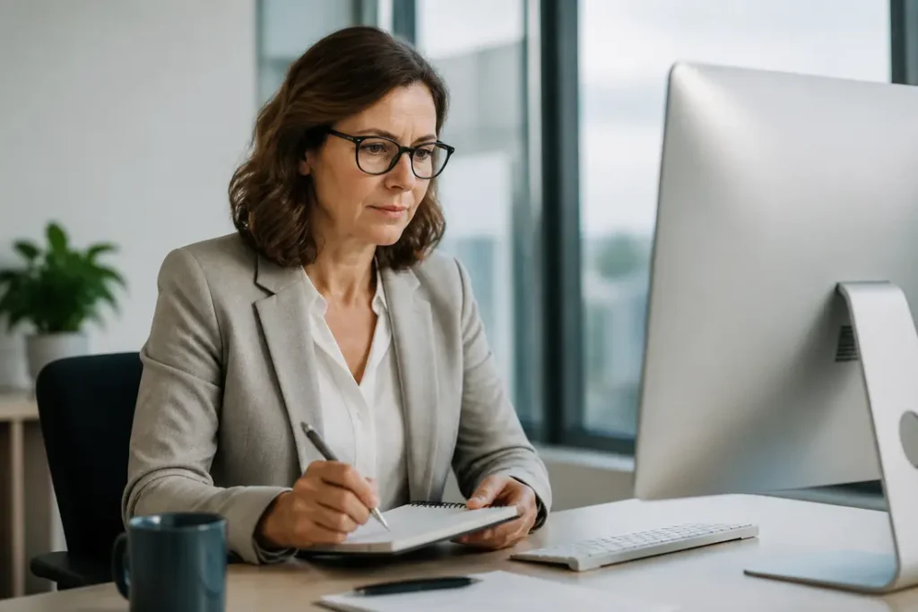 Configuration de la messagerie INRAE par une employée dans un bureau moderne, attentive à son ordinateur.