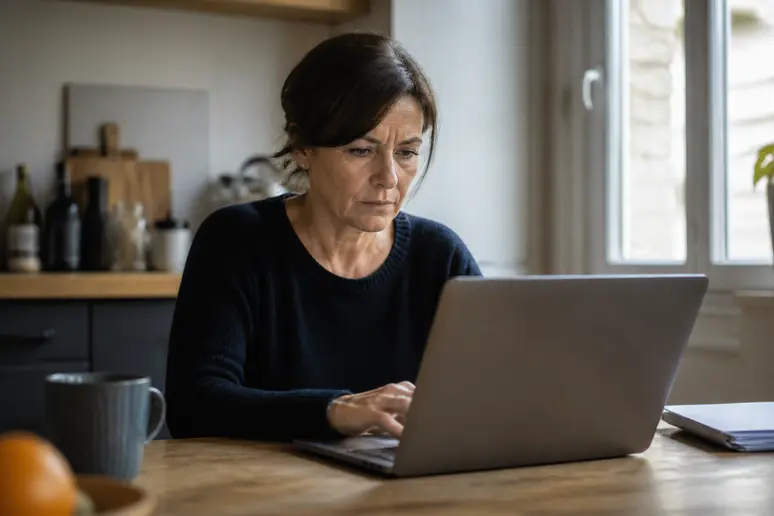 Femme française réfléchissant devant son ordinateur pour résoudre un problème de messagerie neuf connexion.