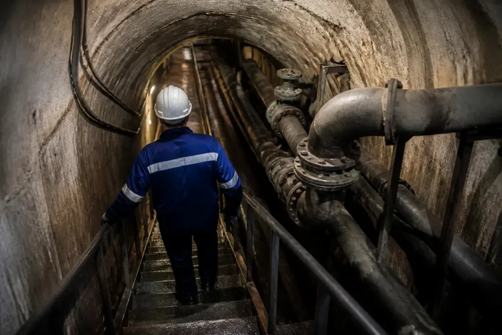 Technicien en salopette inspectant des canalisations dans un tunnel technique sombre illustrant les métiers bien payés personne veut faire