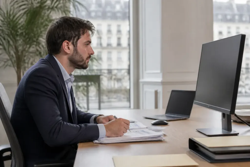 Une femme concentrée sur son travail dans un bureau, gérant des transactions Pennylane.