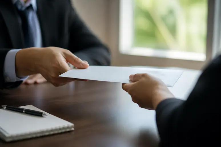 Salarié examinant une notification officielle de reprise dans le cadre d'un rachat d'entreprise