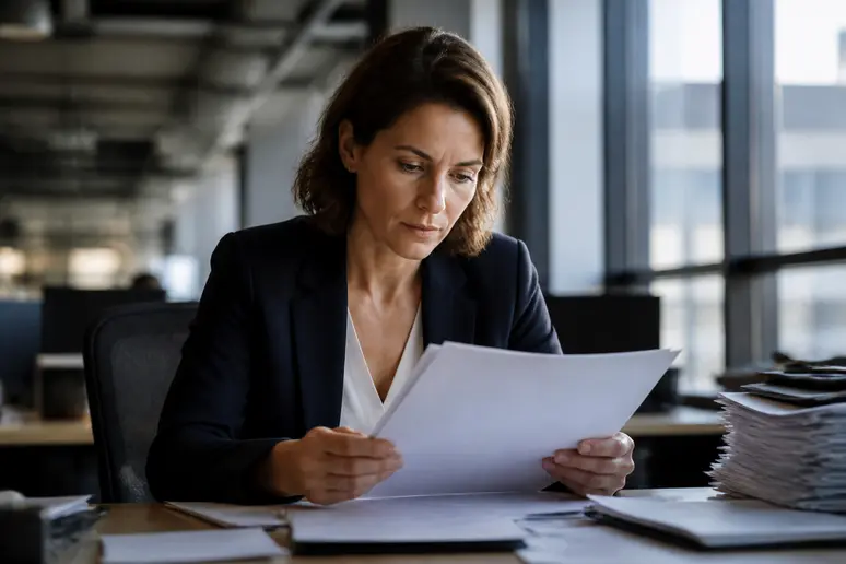 Journaliste consultant les textes de loi relatifs à la clause de conscience en entreprise