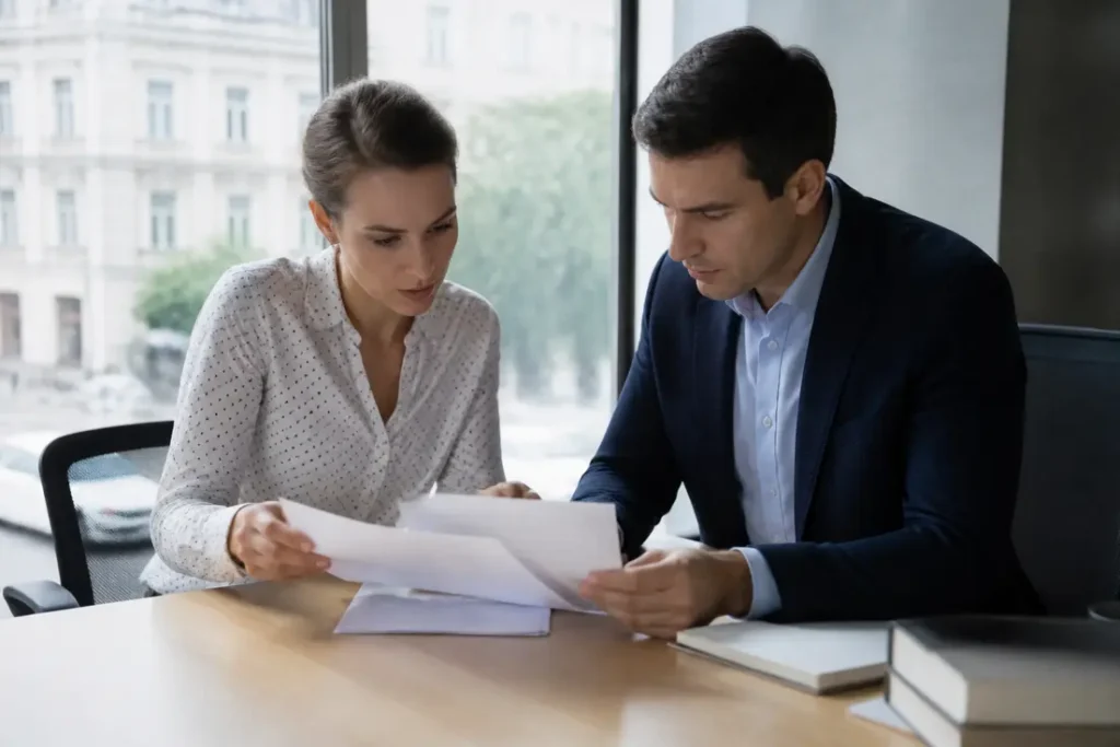 Deux salariés discutent de documents administratifs au bureau pour savoir si l'on peut refuser de travailler pour un repreneur.