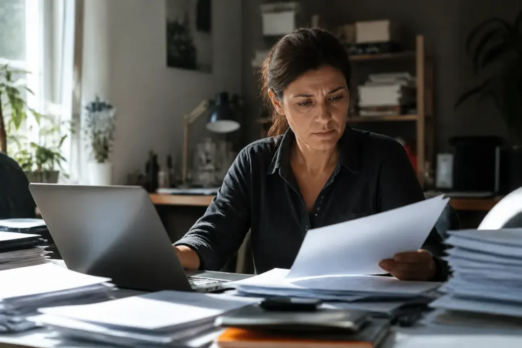 Propriétaire de PME française réfléchissant aux obligations pme-actu.fr 2026 dans son bureau.