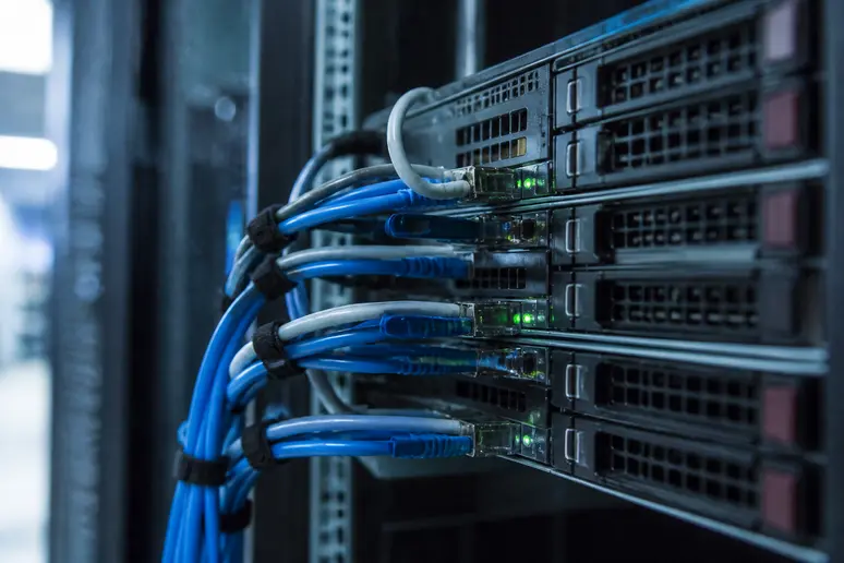 Gros plan sur des disques durs dans un rack de serveur, symbolisant le stockage hautes performances.