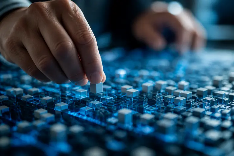 Mains sélectionnant avec précision des blocs de données aléatoires dans un flux numérique.