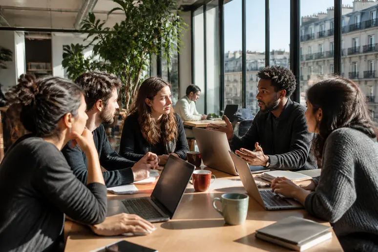 Professionnels français collaborant dans un espace de coworking moderne pour rester à jour dans un univers tech.