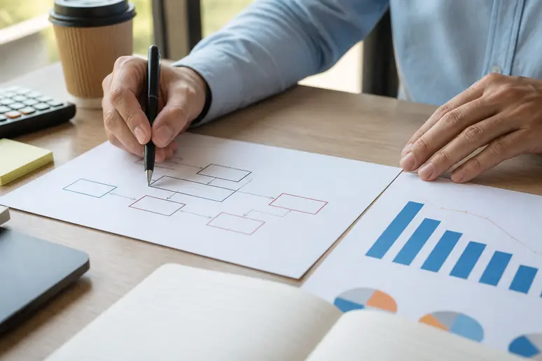 Mains analysant un diagramme de Pareto pour identifier les causes d'un problème.