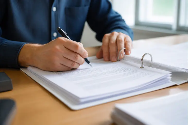 Mains formalisant une nouvelle procédure dans un document d'entreprise.