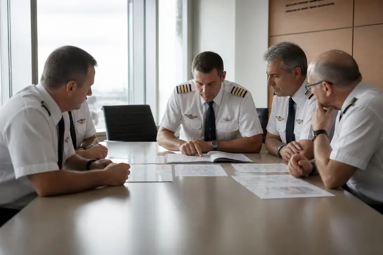 Pilotes Air France en uniforme discutant lors d'une réunion, concernant le salaire pilote Air France.