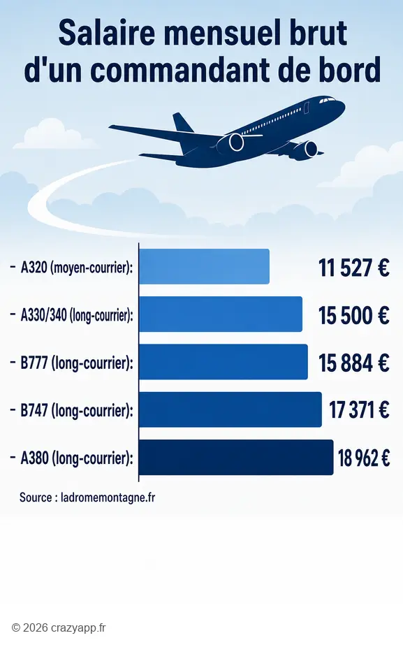 Le salaire pilote air france mensuel brut des commandants de bord selon l'appareil.