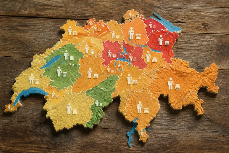 Carte stylisée de la Suisse indiquant les salaires moyens des aides-soignantes par canton en 2026.