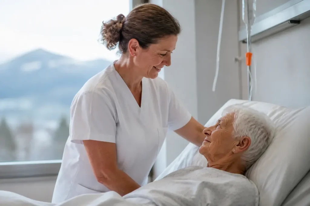 Salaire pour une aide soignante en suisse : soins attentifs dans un environnement hospitalier suisse moderne.