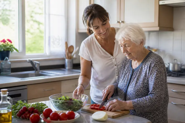 Aide à domicile préparant un repas avec une senior, illustration des aides et services à domicile seniors.