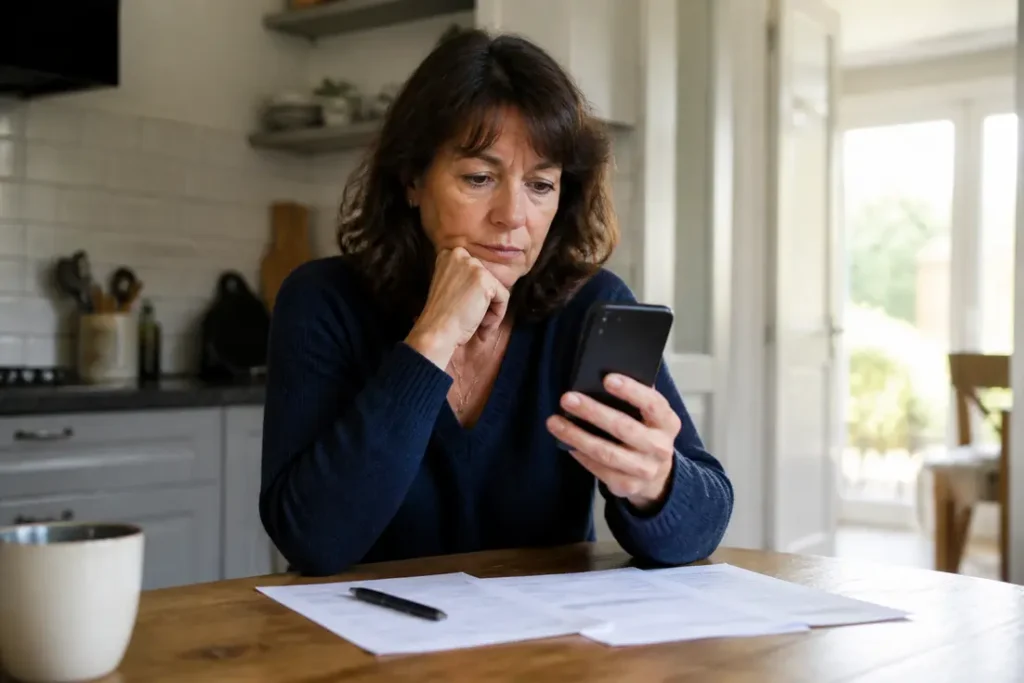 Calcul des frais de résiliation SFR : une femme analyse son contrat mobile à la maison.