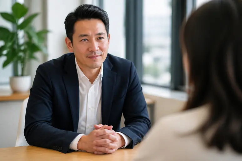 Professionnel attentif en entretien, mains jointes sur une table, signe d'écoute et d'engagement lors d'une discussion.