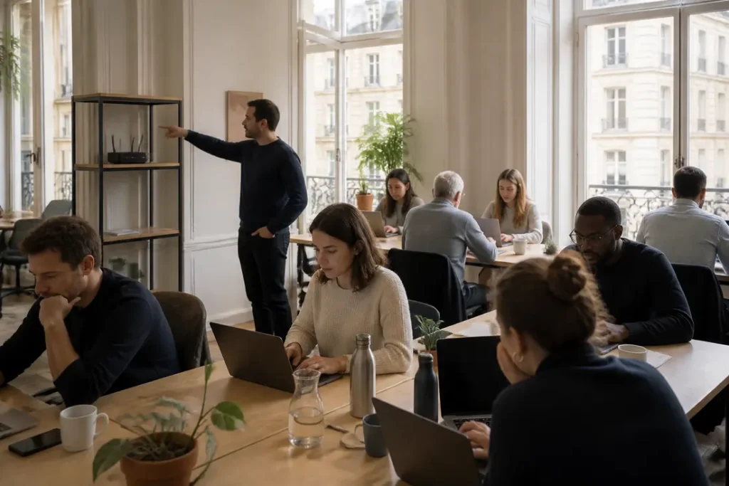 Un employé pointe vers la box internet pour expliquer le nom du réseau Wi-Fi, le ssid c'est quoi.