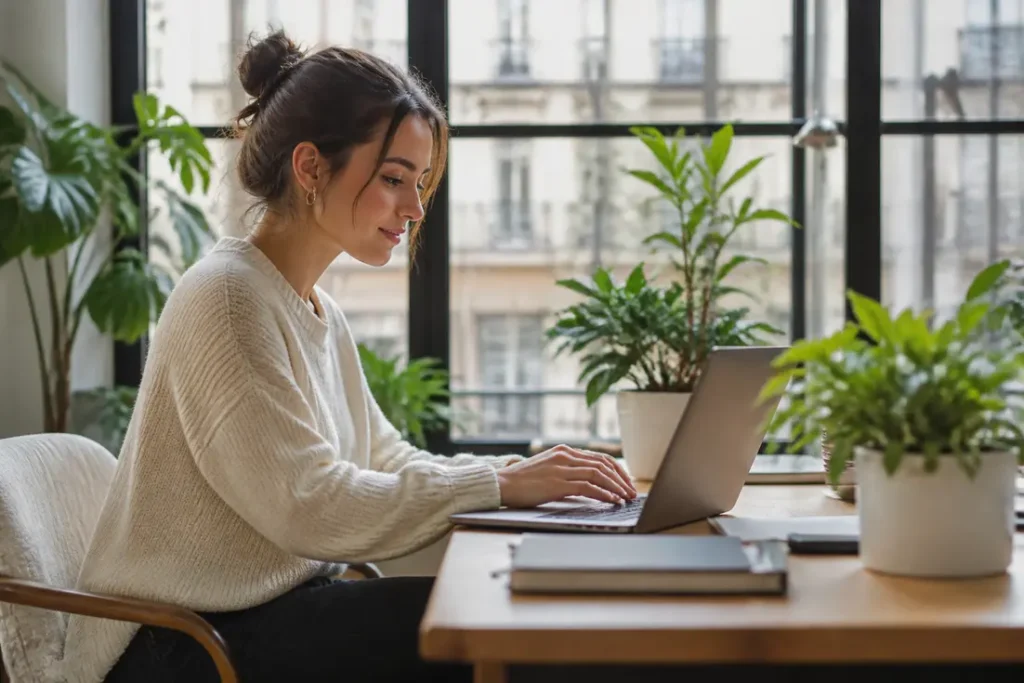 Une tiktokeuse française dans un espace de coworking moderne, gérant sa présence en ligne sur son ordinateur portable.