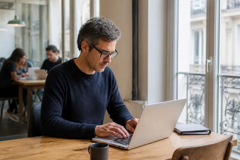 Chef de projet freelance travaillant dans un espace de coworking à Paris