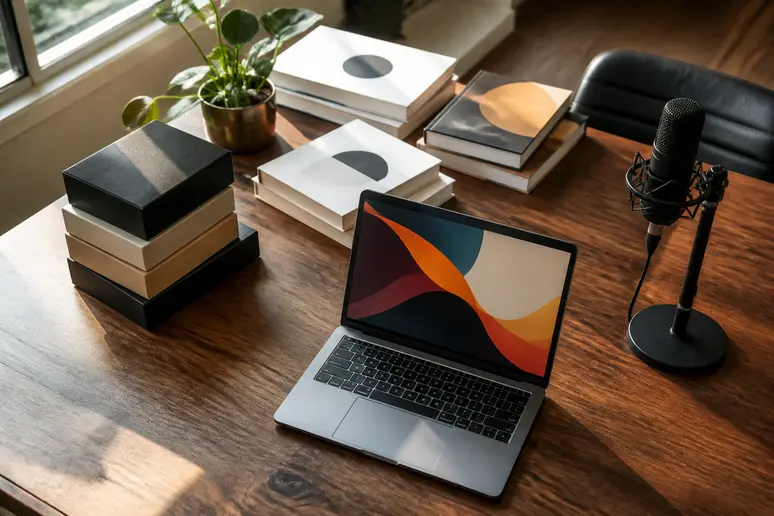 Bureau d'un créateur de contenu avec ordinateur, microphone, livres et boîtes de merchandising.