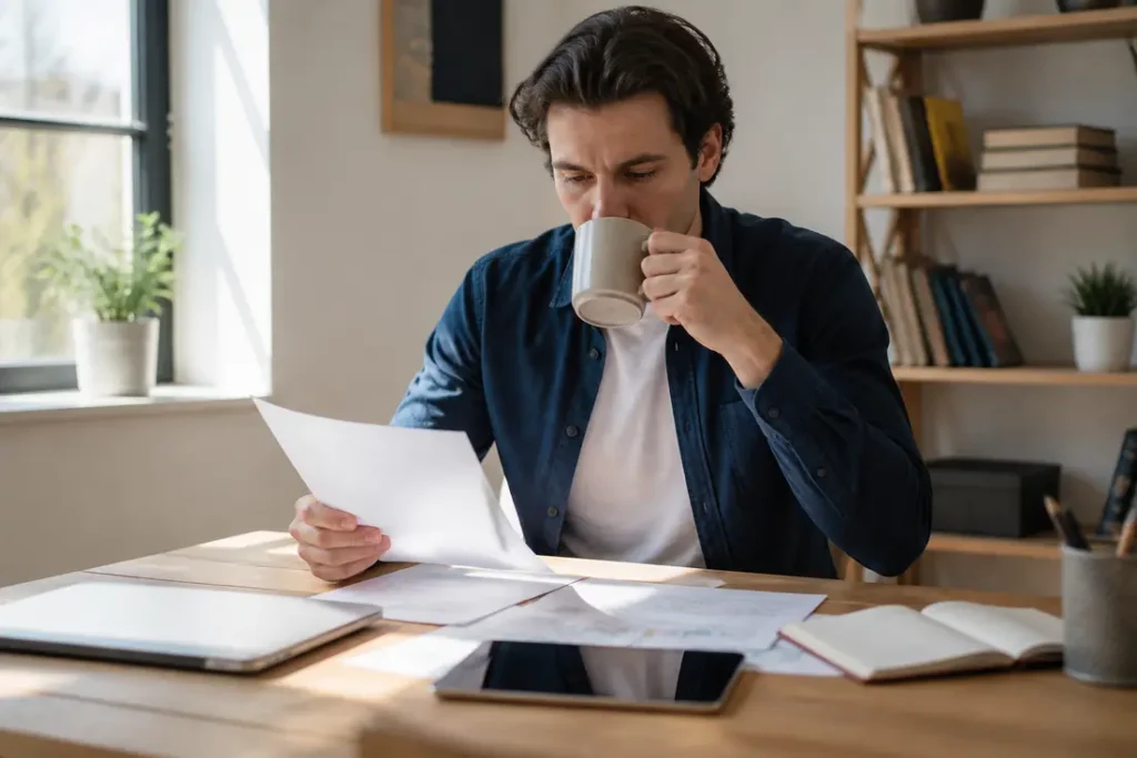 Jeune youtubeur français le plus riche réfléchissant à ses bilans financiers dans son bureau à domicile.
