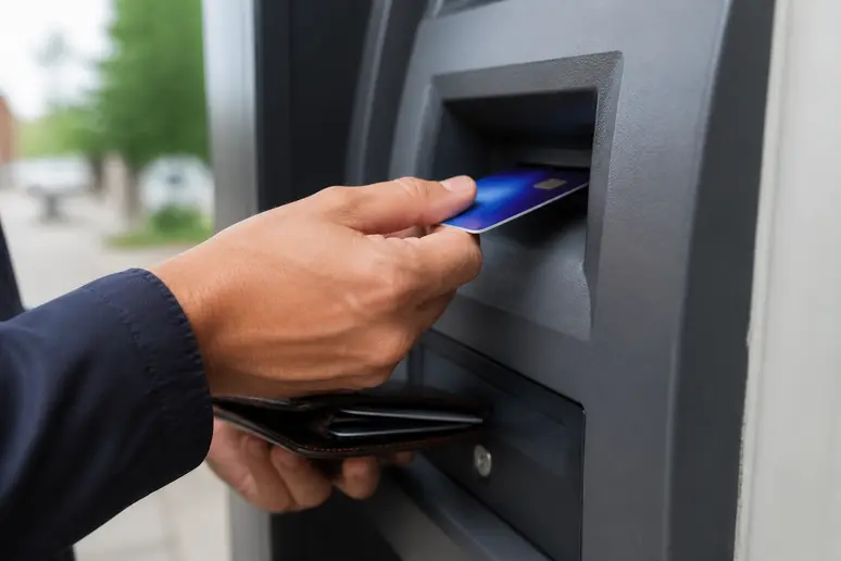 Insertion d'une carte bancaire dans un distributeur pour une activation carte SG