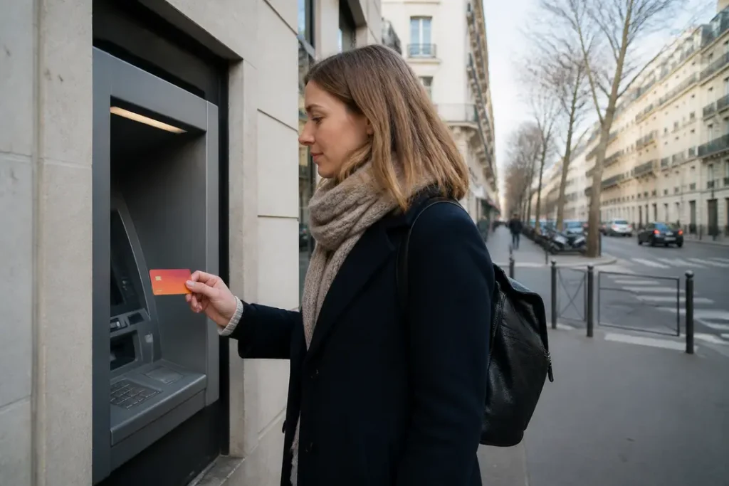 Un client effectue une opération de validation lors de l'activation carte SG sur un automate bancaire extérieur.