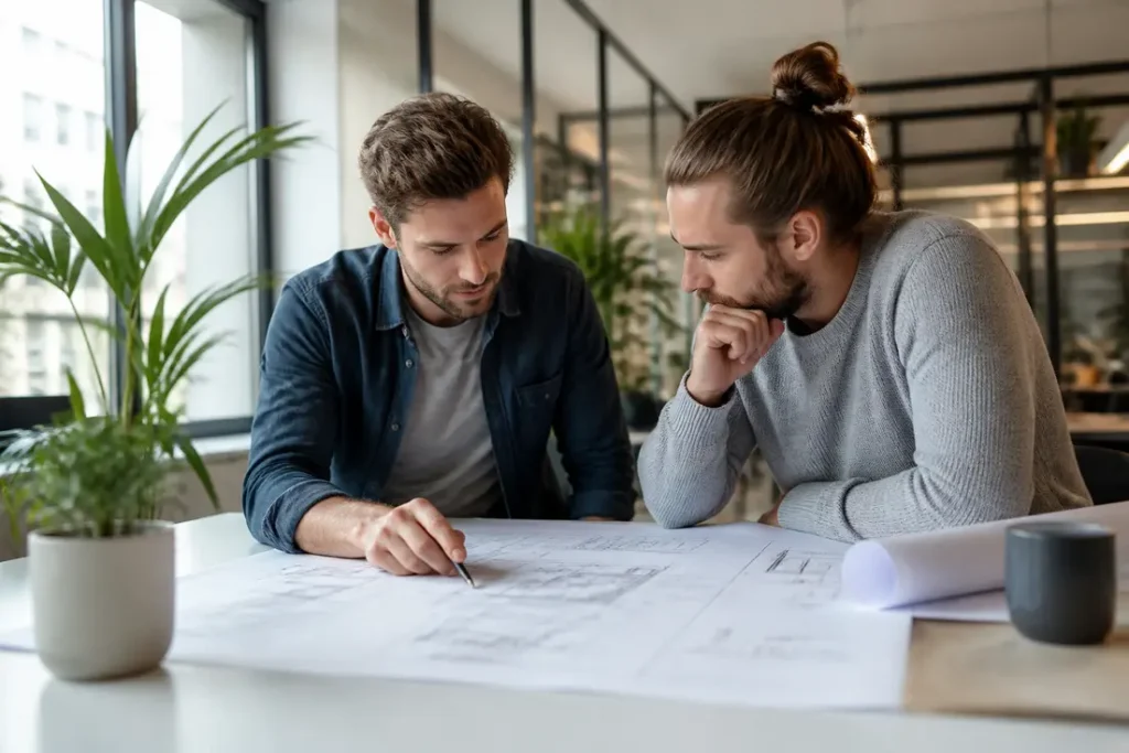 Deux consultants en discussion autour de plans papier illustrent les retours et conditions de travail chez Akkodis avis.