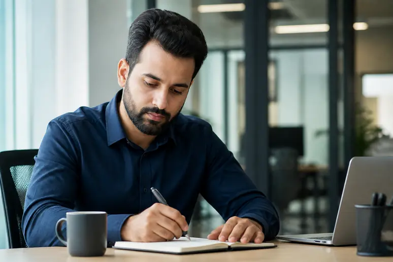 Collaborateur consultant ses notes professionnelles pour préparer une demande auprès du support RH