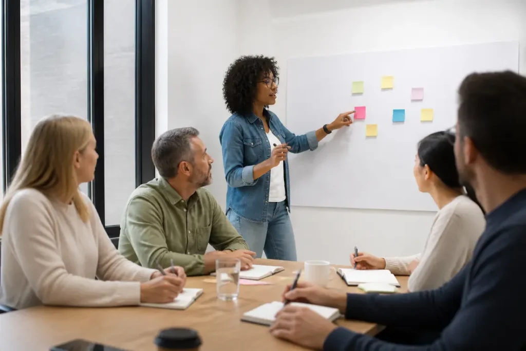 Séance de travail et de formation professionnelle autour d'Alternative Community Training dans des bureaux lumineux.