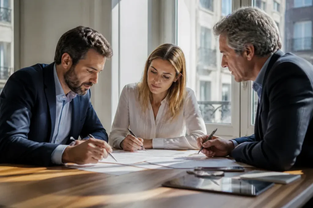 Trois professionnels étudient des documents papier autour d'une table dans le cadre d'un club d'investissement alternatif
